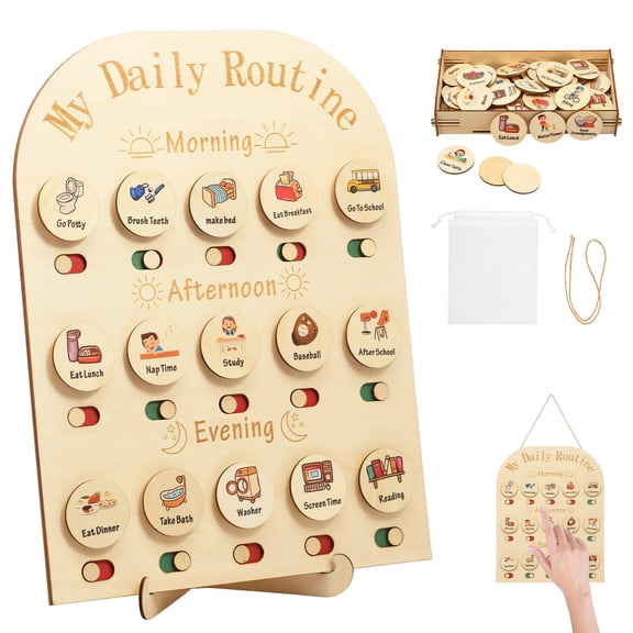 Daily Routine Chart for Kids,Portable Wooden Visual Schedule Chore Chart Daily Schedule Board for Bedroom Living Room Home