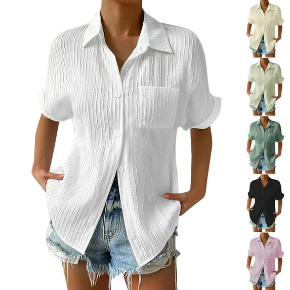 Daily Sales of The Day! BiZtdJrK Womens Short Sleeve Button Down Dress Shirts Casual Loose Fit Chest Pocket Blouses Summer Solid Color Textured Lapel Work Tops White L