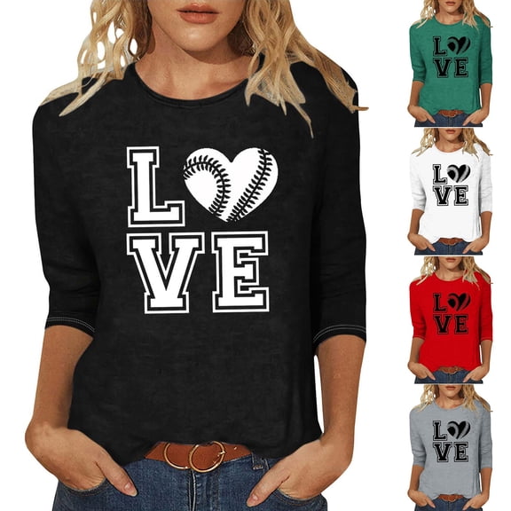 QATAINLAV Football Shirts for Women Game Day 3/4 Length Sleeve Tops Fashion Rugby Graphic Tees Casual Round Neck Pullover Blouses Red S