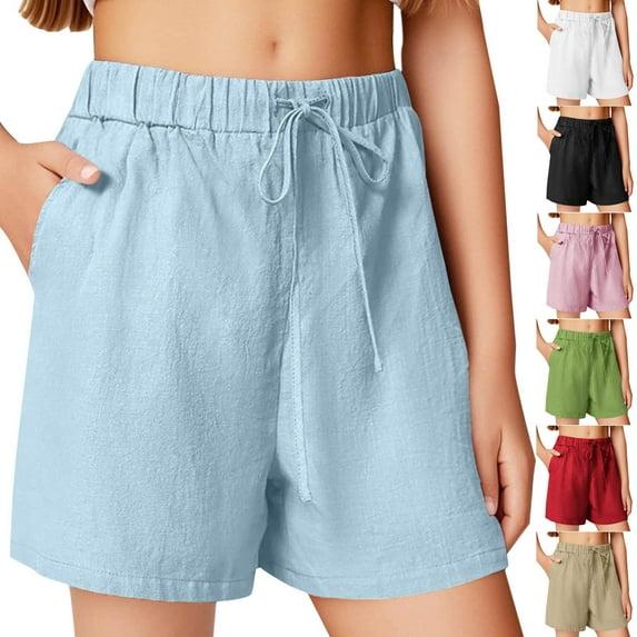 Gifts for Mom, lcziwo Girls Shorts Kids Drawstring Elastic Waist Beach Shorts Solid Loose Wide Leg Short Pants Cute Summer Bermuda Shorts with Pockets Blue 13-14 Years