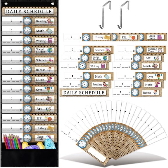 Daily Schedule Pocket Chart, 14+1 Pocket, with 40 Pcs Reusable Dry Eraser Cards Calendar for Classroom Toddler Schedule Chart Office Home Preschool Activit(Burlap Style)$$Office