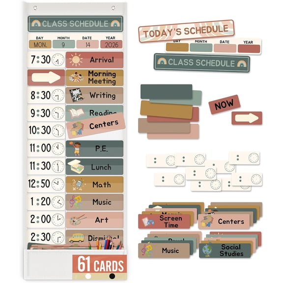 Daily Schedule Pocket Chart for Kids Management, 13+1 Pockets with 61 Cards Visual Time Reusable Dry-Eraser Schedule, Teacher Supplies for Boho Classroom Homeschool Decor