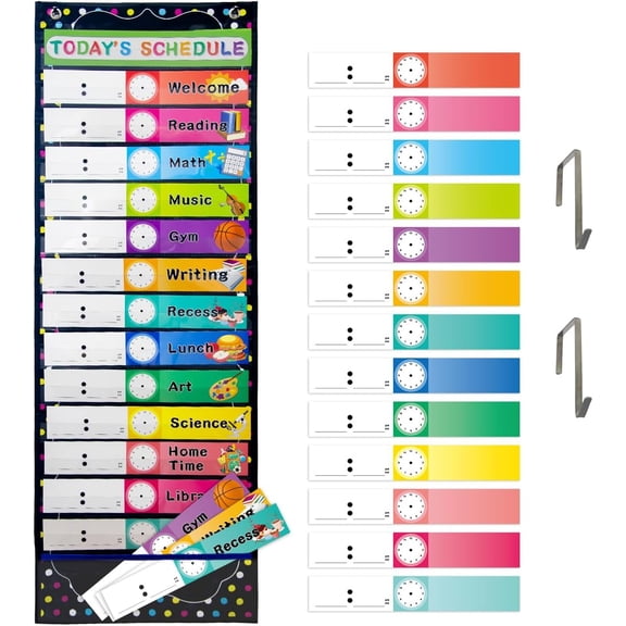 Daily Schedule Pocket Chart for Classroom 14+1 Pockets 27 Cards | Class Schedule, Preschool Teacher Supplies, Reusable Double Sided Dry-Eraser Cards