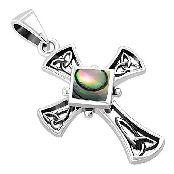My Daily Styles Cross Necklace for Women - Faith Pendant Necklace with Simulated Abalone – 925 Sterling Silver Celtic Irish Trinity Cross Necklace – Hand Polished Silver Necklace for Women
