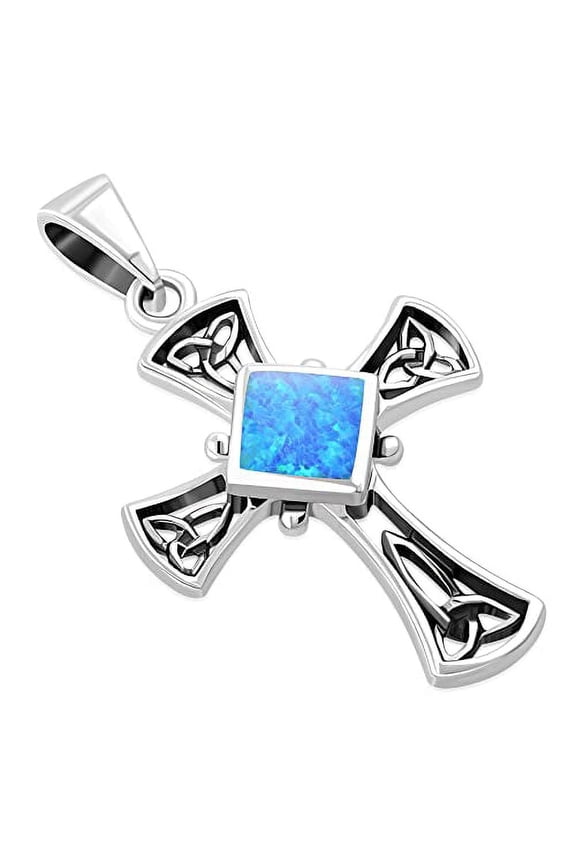 Cross Necklace for Women - Faith Pendant Necklace with Simulated Blue Opal – 925 Sterling Silver Celtic Irish Trinity Cross Necklace – Hand Polished Silver Necklace for Women
