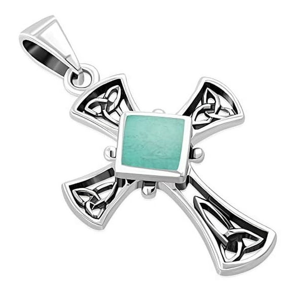 My Daily Styles Cross Necklace for Women - Faith Pendant Necklace with Simulated Turquoise – 925 Sterling Silver Celtic Irish Trinity Cross Necklace – Hand Polished Silver Necklace for Women