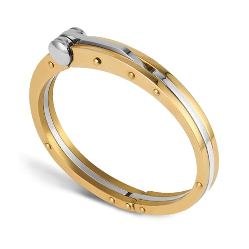 My Daily Styles Men’s Stainless Steel Handcuff Bracelet – Two-Tone Or Solid Color, Durable Cable Link, Adjustable Fit 8"-9" Wrist, Modern Fashion Jewelry for Men (Steel-Gold)