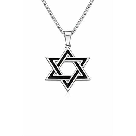 My Daily Styles Men’s Stainless Steel Star of David Pendant Necklace – Black Enamel Inlay Magen David with 24 Inch Chain, Available in Gold Tone or Silver (Silver-Tone)