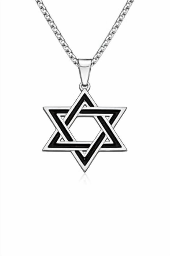 Men’s Stainless Steel Star of David Pendant Necklace – Black Enamel Inlay Magen David with 24 Inch Chain, Available in Gold Tone or Silver (Silver-Tone)