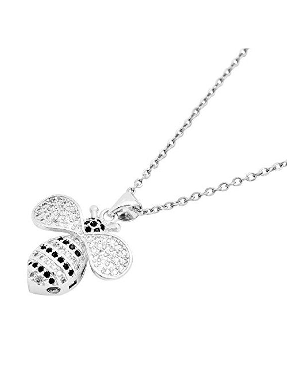 Women's Stainless Steel Bumble Bee Pendant Necklace – Multicolor Cubic Zirconia – 18"-20" Adjustable Link Chain – Steel or Yellow Gold Tone – Sparkly Nature-Inspired Jewelry (Steel)