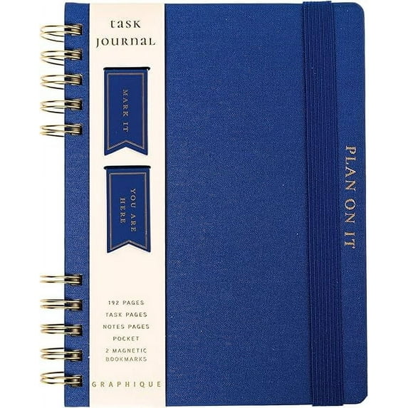 Daily Task Journal by Graphique Luxe Collection, Cobalt Blue Fabric-Wrapped Hardcover Spiral Notebook, 192 Pages, Gold Foil Embossed, Magnetic Bookmarks, Planner for Writing & Priorities - 6” x 8”