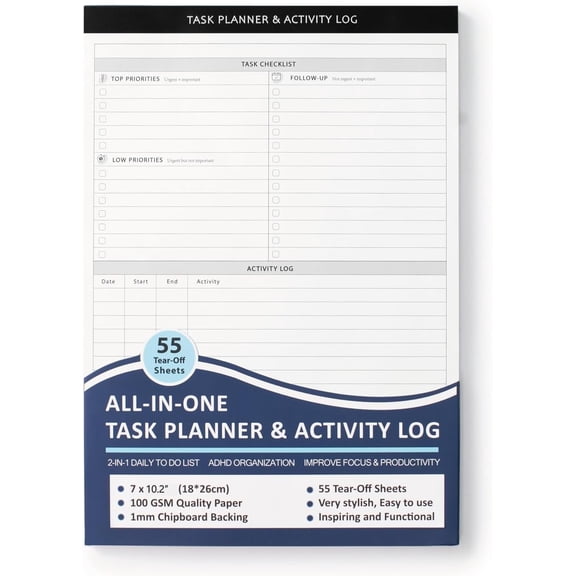 Daily Task Planner & Activity Log Notepad for  Focus - 55 -Off Sheets (7x10.2in), Undated  & Hourly Time  for Office Work, Project Management & Boosting Productivity