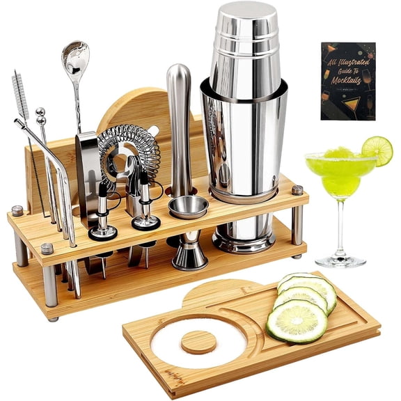Daily Treasures Professional Cocktail Shakers Set with Bamboo Display Stand & Margarita Salt Rimmer,16-Piece Bartender Kit for Home Bar,825ml / 28oz Boston Shaker, Mixology Bartender Kit Bar Tool Set