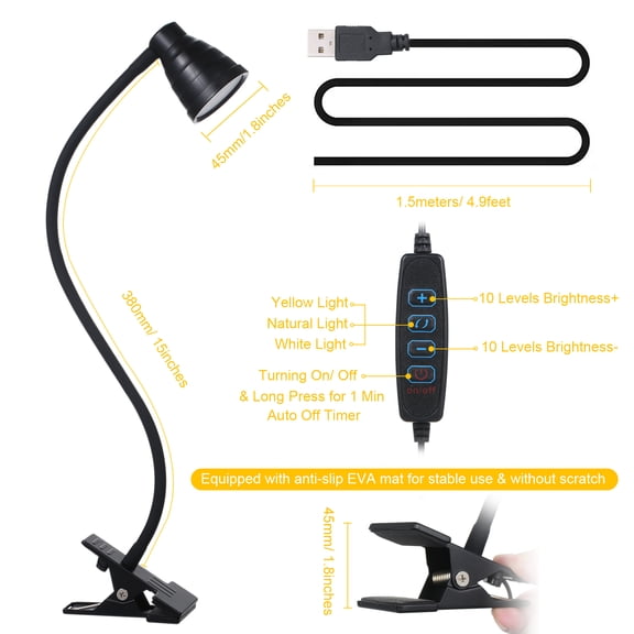 Daily Use 1 5W 24LEDs Table Desk Lamp Reading Beside Light Clamp CLip Lighting Fixture USB Powered Operated 3 Colors Mode Temperature Changing/ 10 Levels Dimmer Dimmable Adjustable