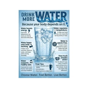 Daily Water Intake Chart Hydration Tracker Poster Drink More Water Sign with Health Benefits for Office Gym Home Wellness Reminder Printable