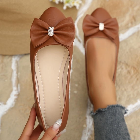 Daily Wear Comfortable Indoor Outdoor Casual Shoes for Women Shallow Cut Bowknot Rhinestone Plus Size Spring Summer Brown 9