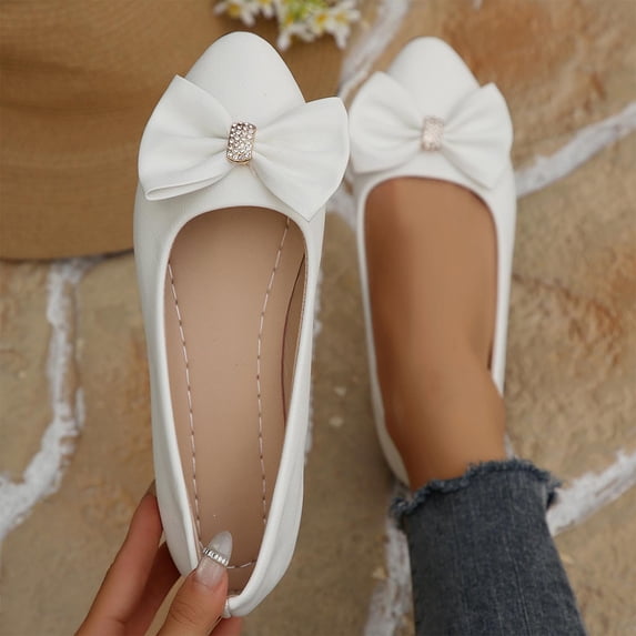 Daily Wear Comfortable Indoor Outdoor Casual Shoes for Women Shallow Cut Bowknot Rhinestone Plus Size Spring Summer White 9.5