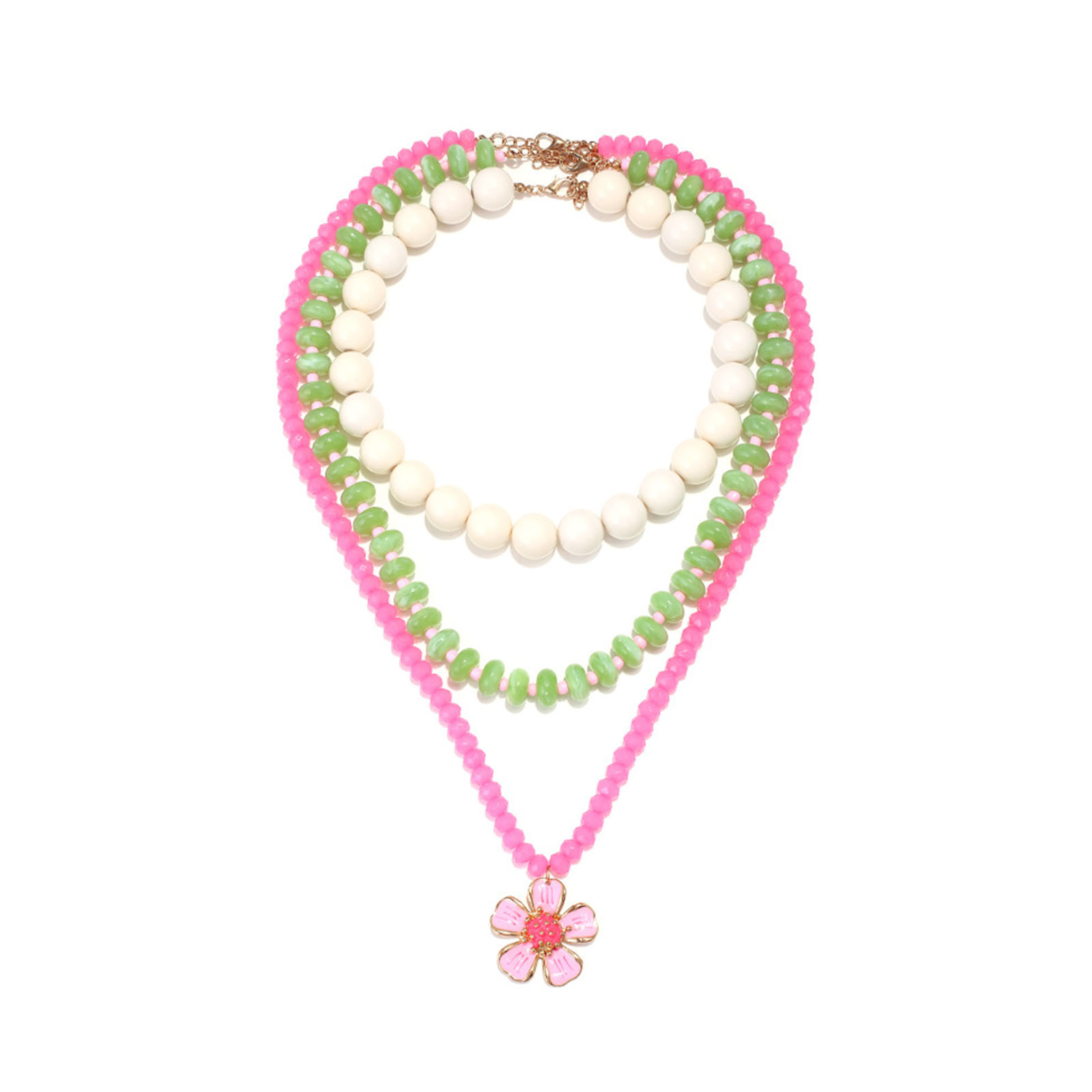 Daily Wear Layered Pendant Necklace for Women, Beaded Three Strand Collarbone Jewelry Set with Flower Detail for Parties and Travel Looks