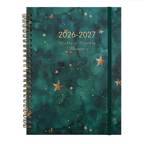 Daily Weekly Monthly Planner, A5 Planner Cover, Gold Star Printed, Elastic Closure, Time Management, Annual Scheduling, Green Tone, 70 Sheets, 1 Pc