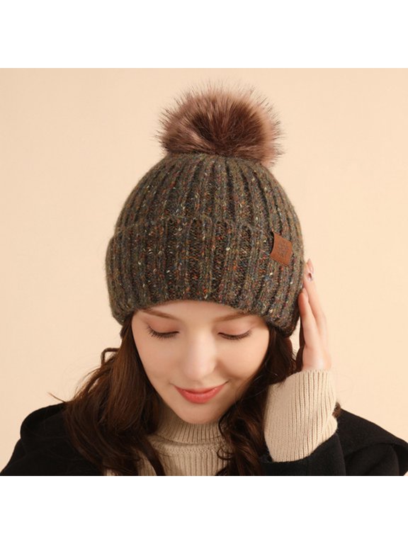 Under $6 Pom Pom Beanie for Women Earflap Fleece Lined Warm Hat Winter Headwear Accessory Stocking Cap Cozy Everyday Essential Simple Classic Design Easy Care And Wear, One Size