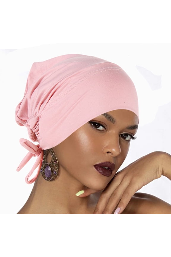 Adjustable Headband Drawstring Underscarf Cap for Women - Solid Color, Soft Stretch Breathable Hair Cover, Chemo Head Cap, Hijab Inner Base Hat for Daily Sleep, Pink, Under $4