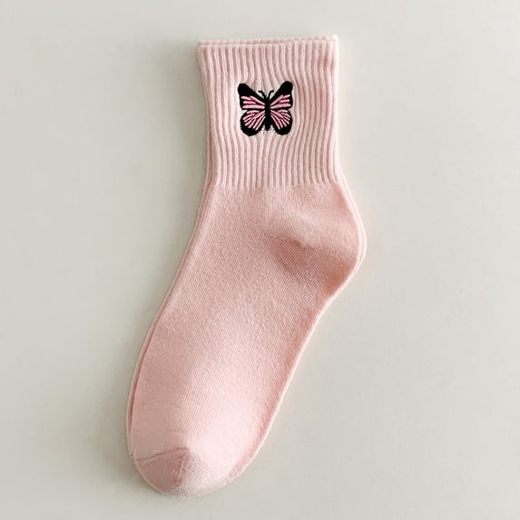 DailyChi Butterfly Embroidered Crew Socks, Breathable Moisture-Wicking With Reinforced Heel For Stretchy Durable Calf Wear And Pretty Style, Pink