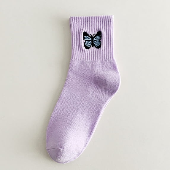DailyChi Butterfly Embroidered Crew Socks, Breathable Moisture-Wicking With Reinforced Heel For Stretchy Durable Calf Wear And Pretty Style, Purple