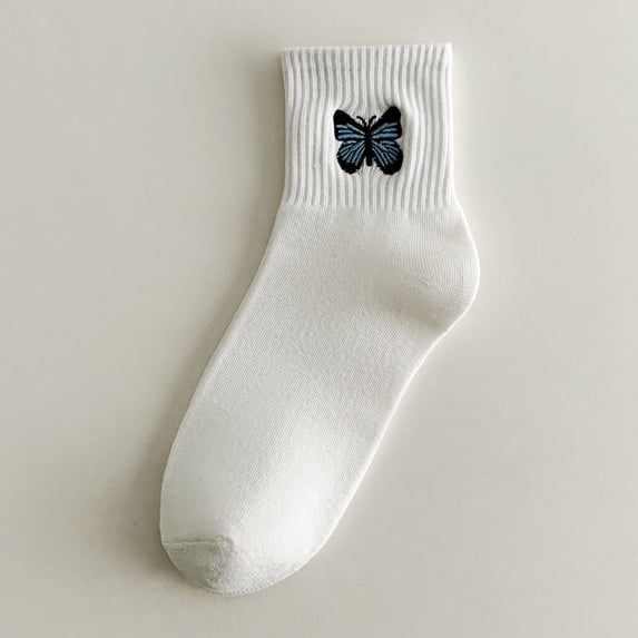 DailyChi Butterfly Embroidered Crew Socks, Breathable Moisture-Wicking With Reinforced Heel For Stretchy Durable Calf Wear And Pretty Style, White