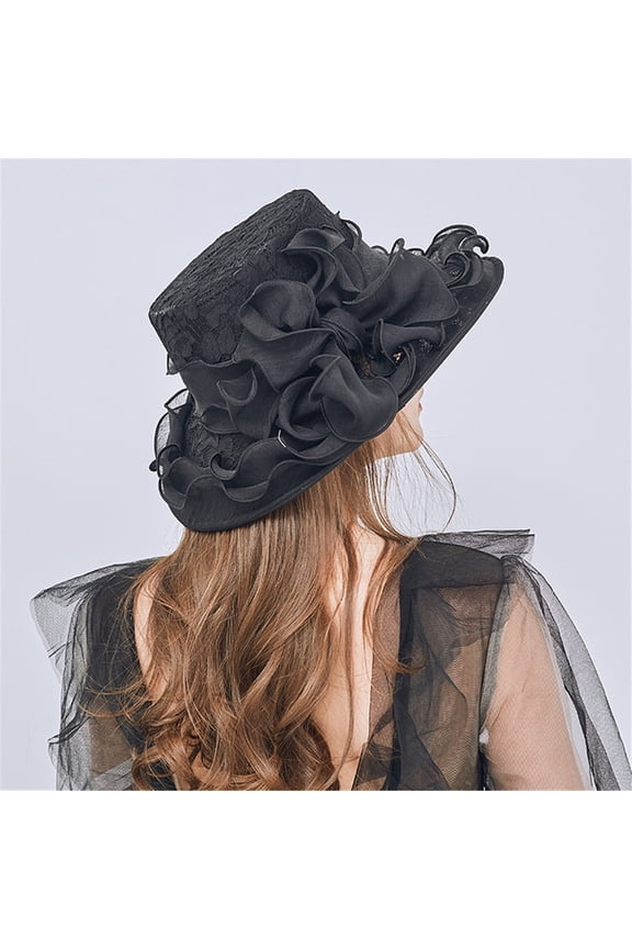 Floral Organza Hat, Lace Wide Brim Pearl Decor Women Elegant Church Tea Party Wedding Bridal Sun Hat for Race Day Cocktail Outdoor Travel Formal Occasion Wear, Sun Hat, Navy