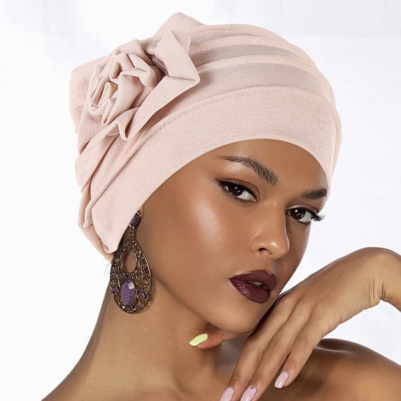 DailyChi Floral Pleated Headband Turban Head Wrap with Solid Color Cap - Soft Stretch Breathable Underscarf for Women, Chemo Cancer Hat, Hijab Inner Base, Daily Sleep Wear, Beige, Under $4