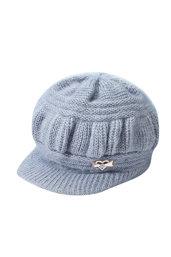 Fuzzy Knit Hat, Short Visor Rhinestone Heart Bow Wool Winter Warm Ski Newsboy Cap Women Windproof Outdoor Cold Weather Hat, Sun Hat, Grey