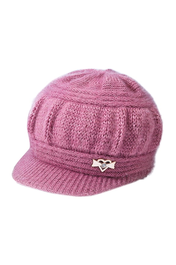 Fuzzy Knit Hat, Short Visor Rhinestone Heart Bow Wool Winter Warm Ski Newsboy Cap Women Windproof Outdoor Cold Weather Hat, Sun Hat, Pink
