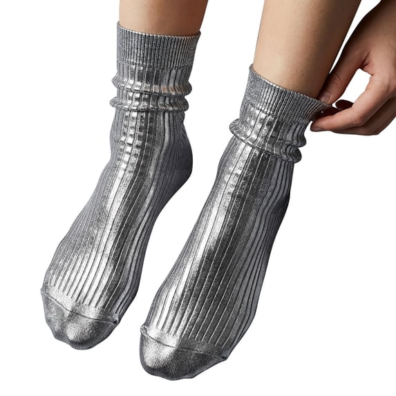DailyChi Metallic Ribbed Crew Socks, Soft Breathable Stretchy Durable With Moisture-Wicking And Reinforced Heel For Shiny Style And Comfort, Silver