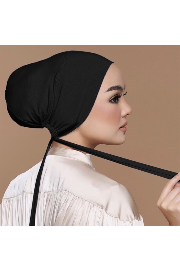 Solid Color Adjustable Drawstring Cap - Women’s Soft Stretch Breathable Underscarf, Hair Cover for Chemo, Hijab Inner Base, Daily Sleep & Home Use, Black, Under $4
