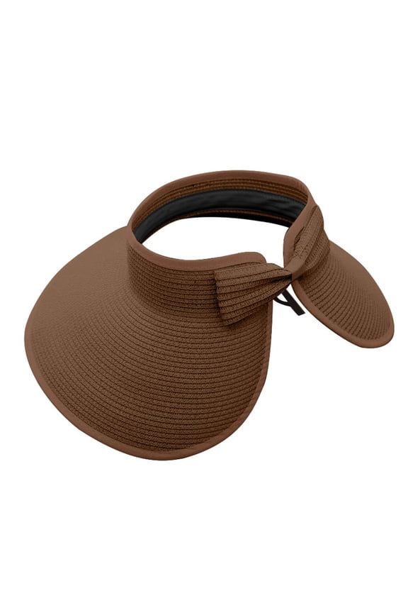 Sun Visor Hats Bow Knot Woven Straw Wide Large Brim Foldable Empty Top Ponytail Hat Adjustable UV Protection for Women Beach Travel Vacation Daily Fashion Wear, Sun Hat, Coffee