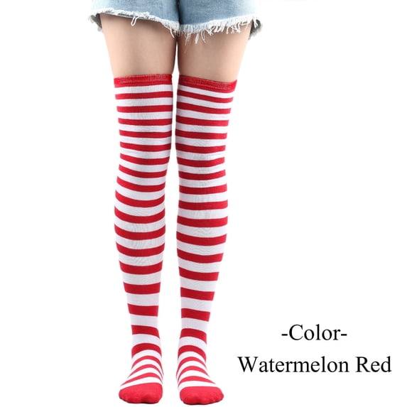 DailyChi Thigh-High Striped Socks, Over-The-Knee Boot Stockings With Knit Soft Breathable Stretchy For Cosplay Comfort And Eye-Catching Style, Red
