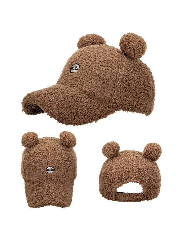 Under $ 6 Baseball Cap Unisex Letter Patch Embroidery Breathable Chic Trucker Hat Cute Bear Ear Plush Warm Autumn Winter Hat Brown,One Size