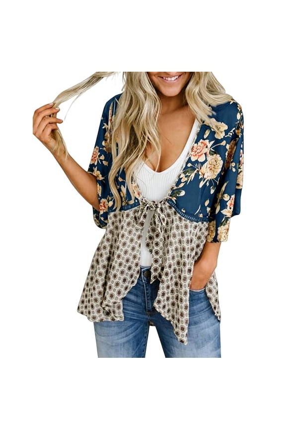 Women Floral Kimono Cardigans 3/4 Ruffle Sleeve Lightweight Tie Front Patchwork Flowy Boho Tie Loose Cover Ups