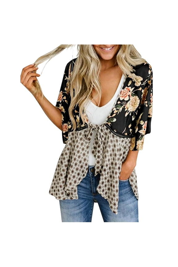 Women Floral Kimono Cardigans 3/4 Ruffle Sleeve Lightweight Tie Front Patchwork Flowy Boho Tie Loose Cover Ups
