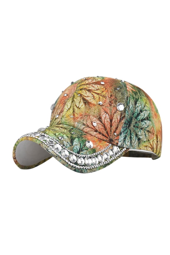 Women Floral Print Flash Drill Baseball Cap Summer Star Rhinestone Adjustable Visor Hat Ladies Bling Diamond Floral Duckbill Cap Sparkly Rhinestone Printed Casual Baseball Cap for Women