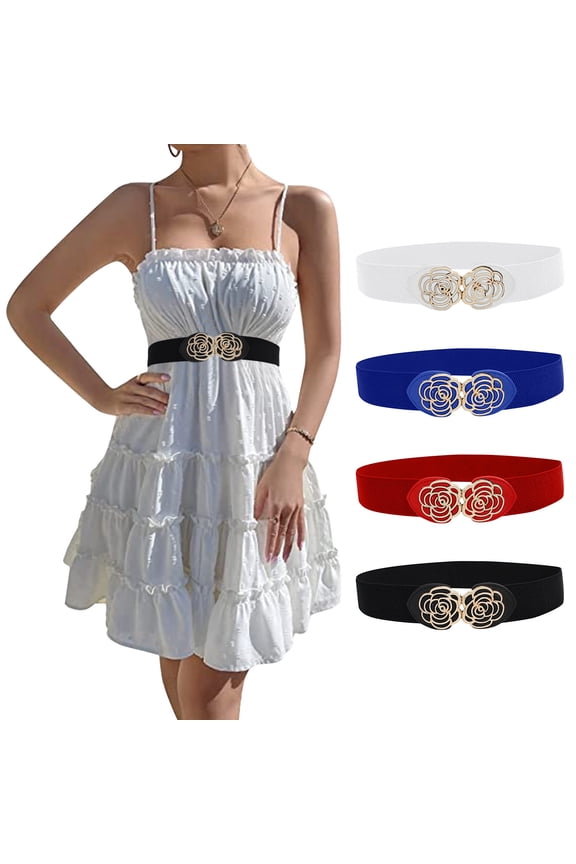 Women Wide Elastic Waist Belt for Dress Plus Size Sweater Coat Flowers Buckle Leather