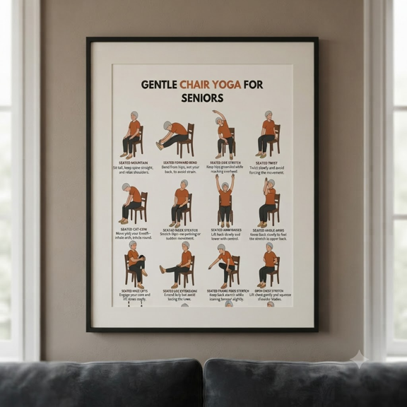 DailyMood 16 Gentle Poses for Older Adults Chair Yoga Workout Routine Poster Unframed