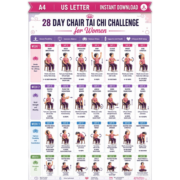 DailyMood 28 Day Chair Tai Chi Challenge Seated Exercise Chart Unframed Poster Print White