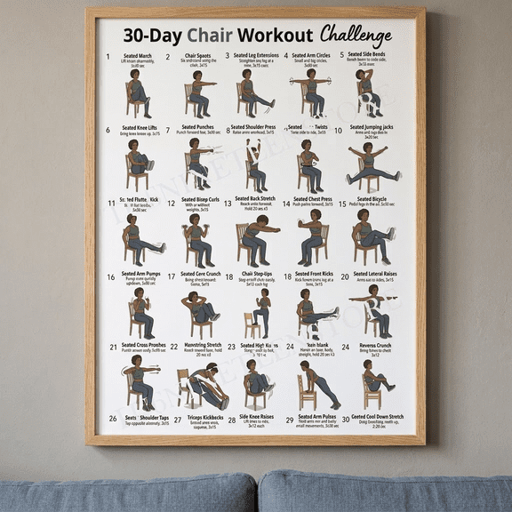 DailyMood 28 Day Chair Tai Chi Workout Challenge Seated Exercise Chart for Seniors Unframed Poster