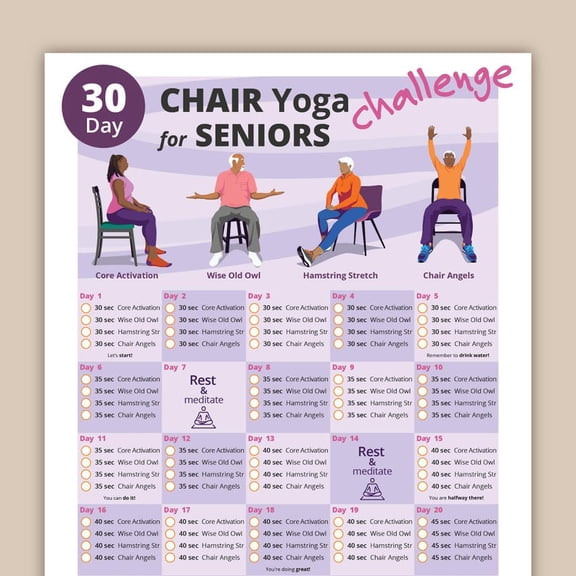 DailyMood 28 Day Chair Yoga Challenge Balance and Flexibility Exercise Poster for Seniors Unframed