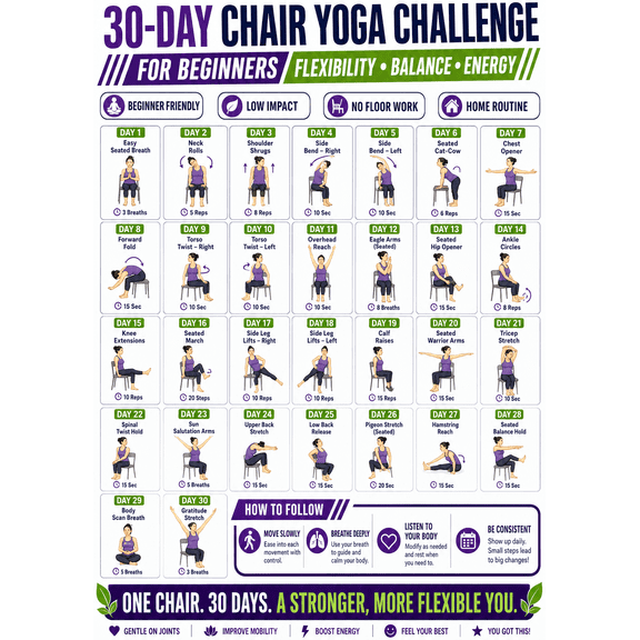 DailyMood 30-Day Chair Yoga Challenge Seated Stretching Routine Unframed Matte Poster