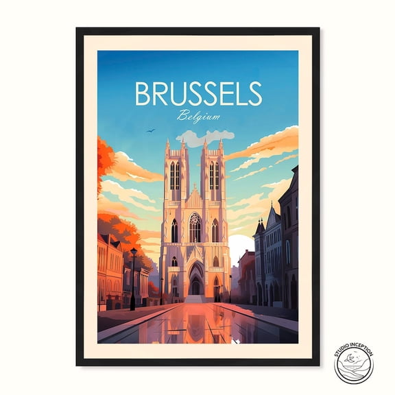 DailyMood Brussels Cathedral Belgium Historic Landmark Travel Poster Wall Art Print Multicolor