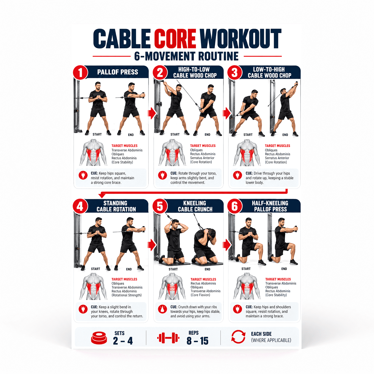 DailyMood Cable Machine Poster, Core Six Movement Abs and Obliques ...