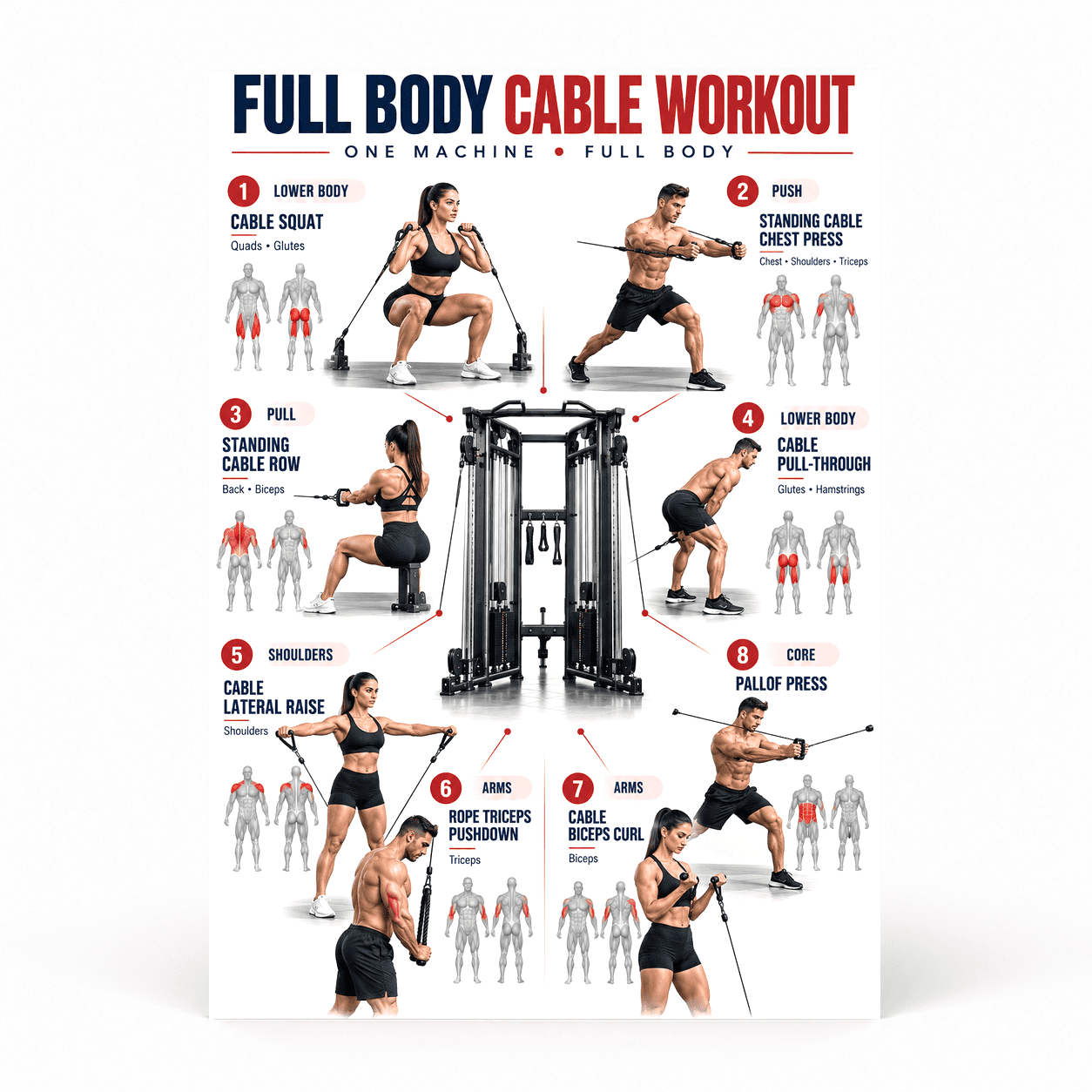 Machine Exercies DailyMood Cable Machine Workout Poster, Single Machine Full Body ...