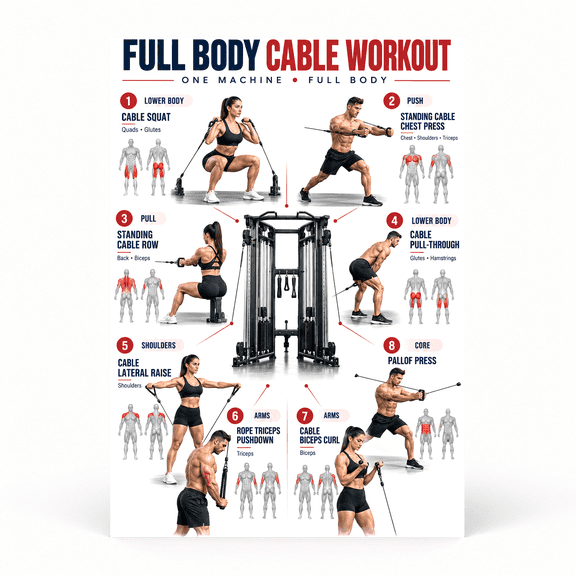 DailyMood Cable Machine Workout Poster, Upper and Lower Body Routine ...